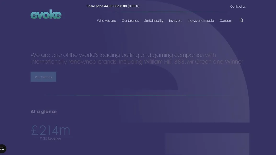 Screenshot of the evoke plc corporate website homepage
