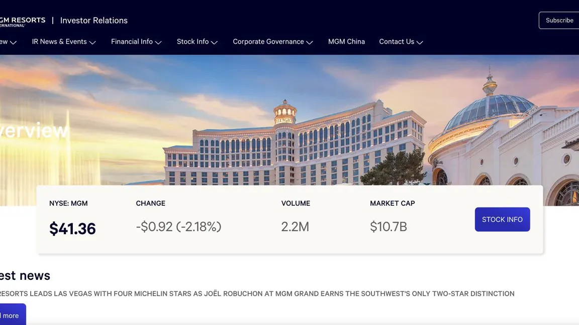 Screenshot of the MGM Resorts International corporate website homepage